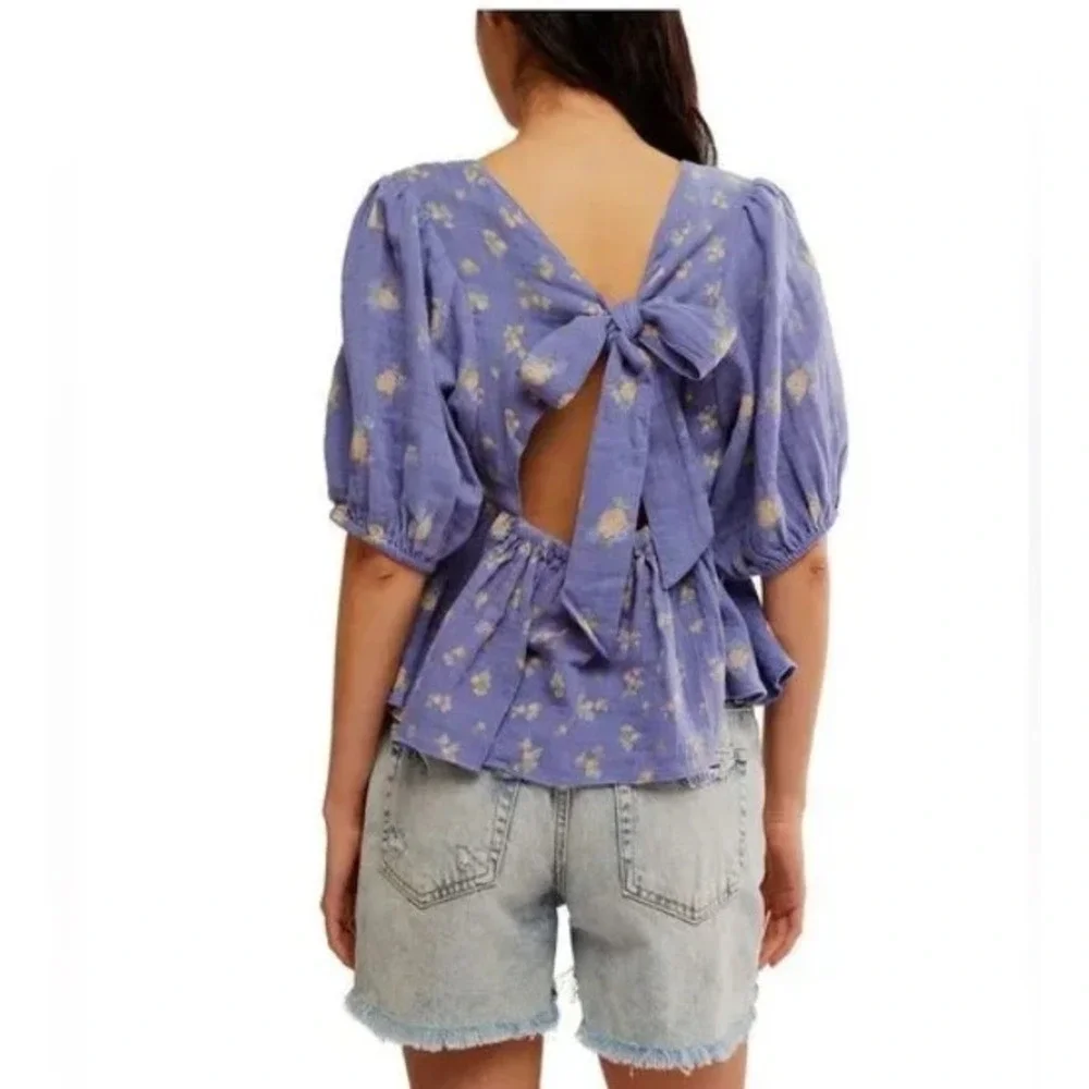 Free People Chloe Floral Print Indigo Combo Open Back Top Medum Boho Flowy NWT‎